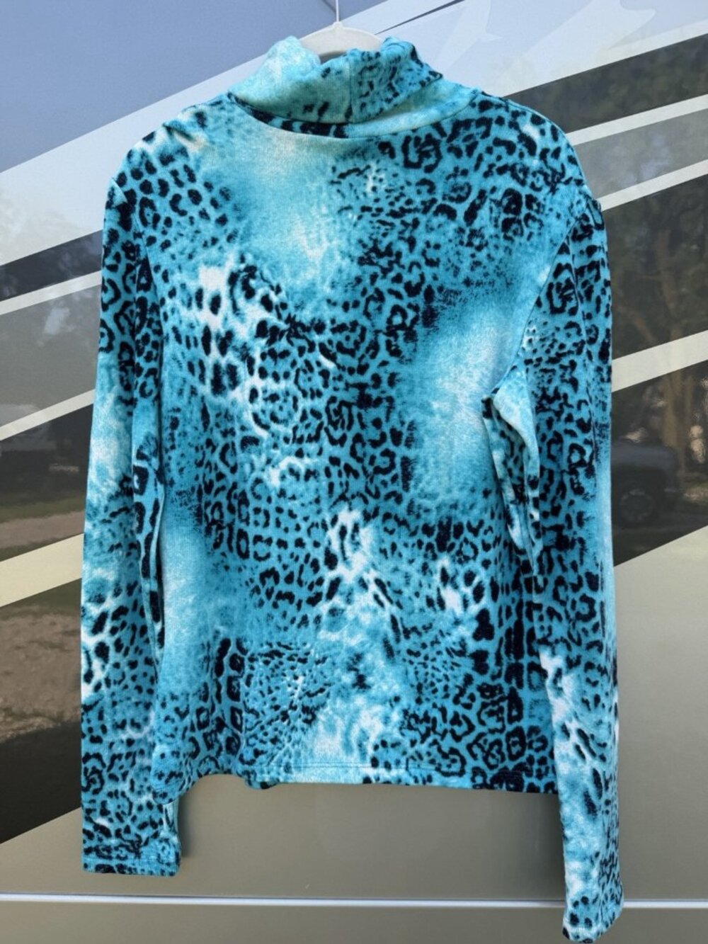 Vintage 90s CACHE turquoise black leopard designer turtleneck L boho retro